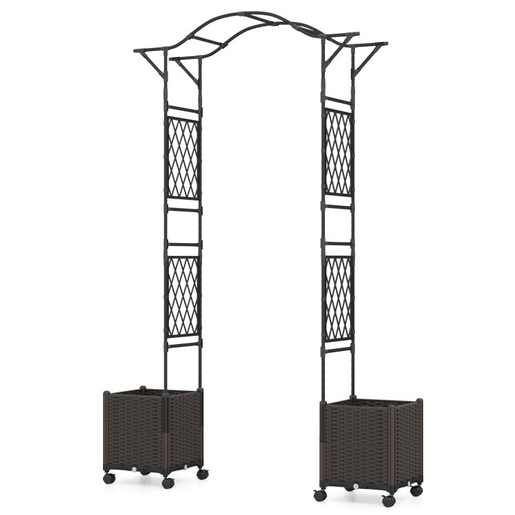 82” Black PE-Coated Metal Garden Arbor with 2 Planter Boxes – Rustproof Climbing Plant Support