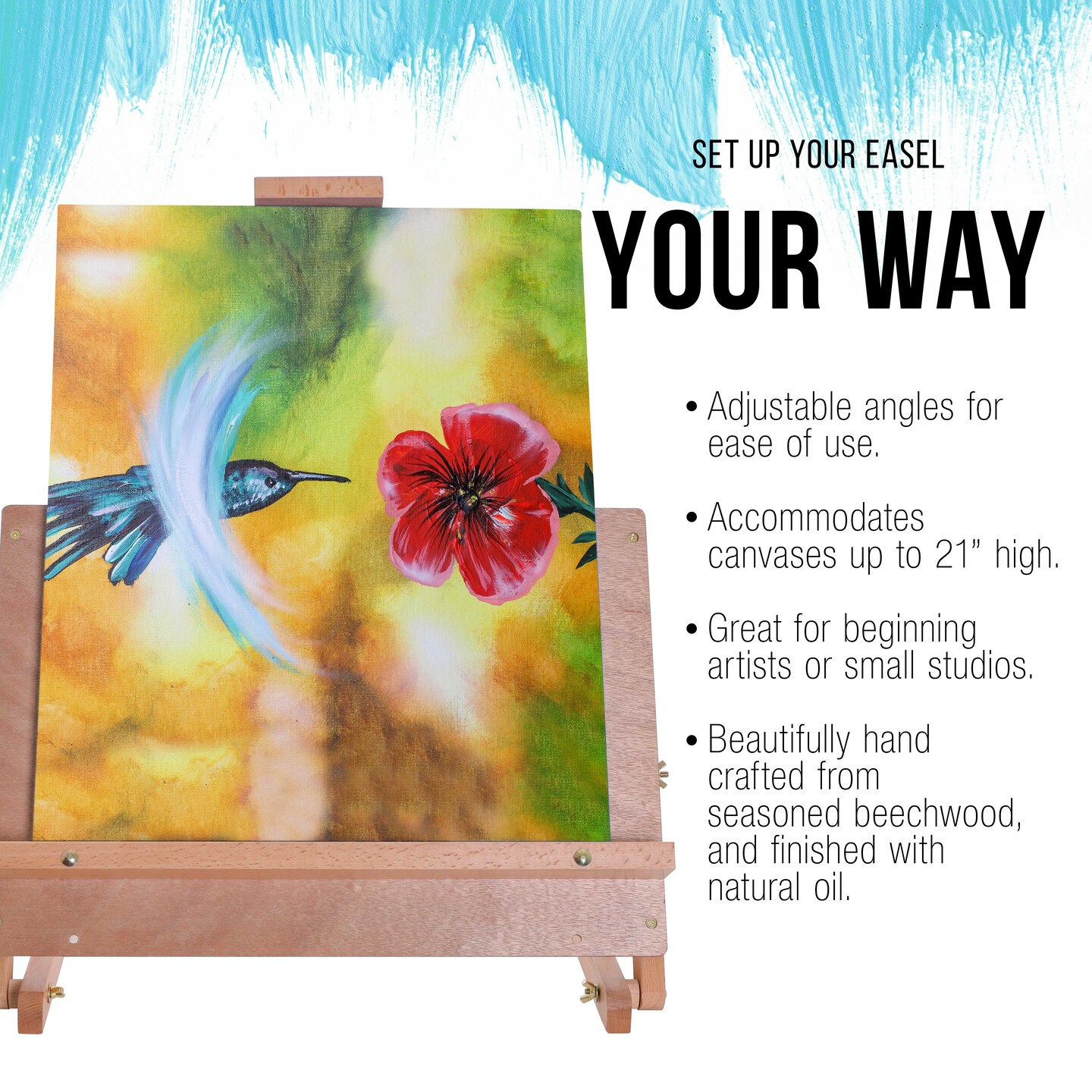 Cancun Solid Wooden Tabletop Easel - Artist Studio Desktop Drawing Table, Portable Drafting Table, Adjustable Art Board, Tabletop Easel for Painting, Holds Up to 23" Canvas, Beechwood