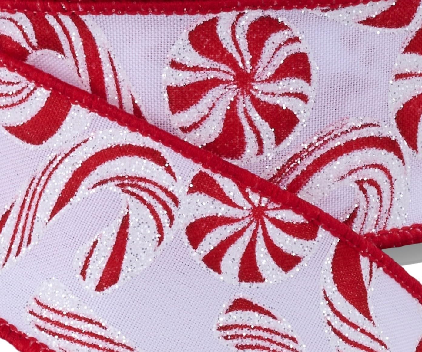 RG Ribbon: 2.5" Peppermints and Candy Canes Wired Ribbon - 10 Yards - White, Red - For Christmas Bows, Wreaths, Crafts and Decorations
