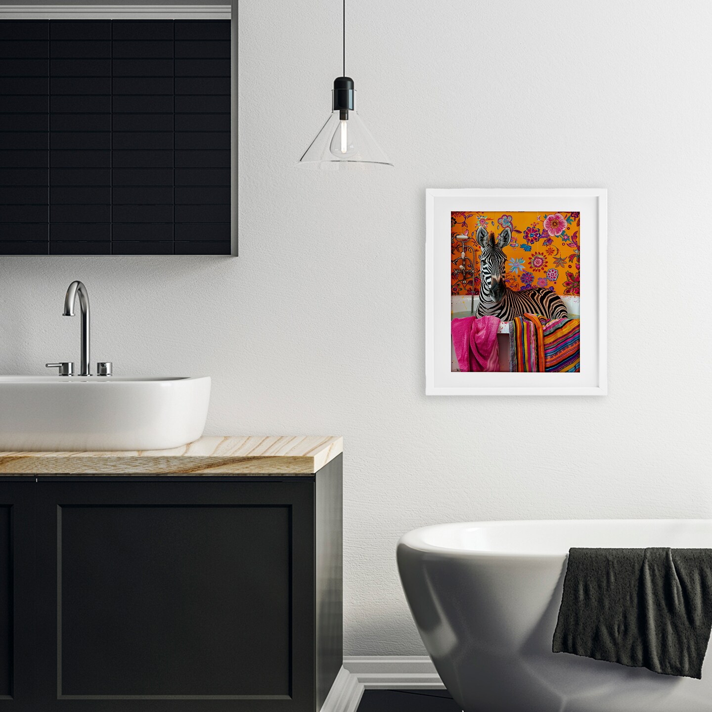 Stupell Industries Zebra Bath with Colorful Towel Framed Print Under Glass, design by Momart