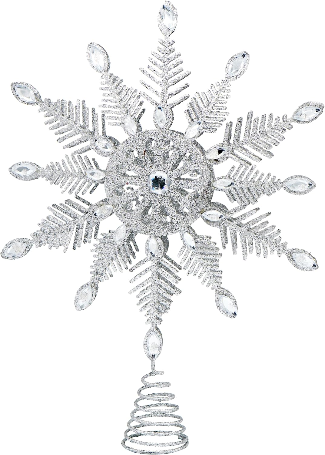 4E's Novelty 12" Silver Glitter Snowflake Tree Topper – Metal Christmas Star with Gems