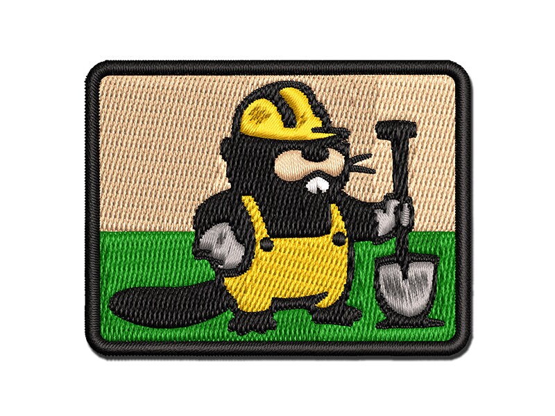 Construction Worker Builder Beaver with Shovel and Hard Hat Multi-Color Embroidered Iron-On or Hook & Loop Patch Applique