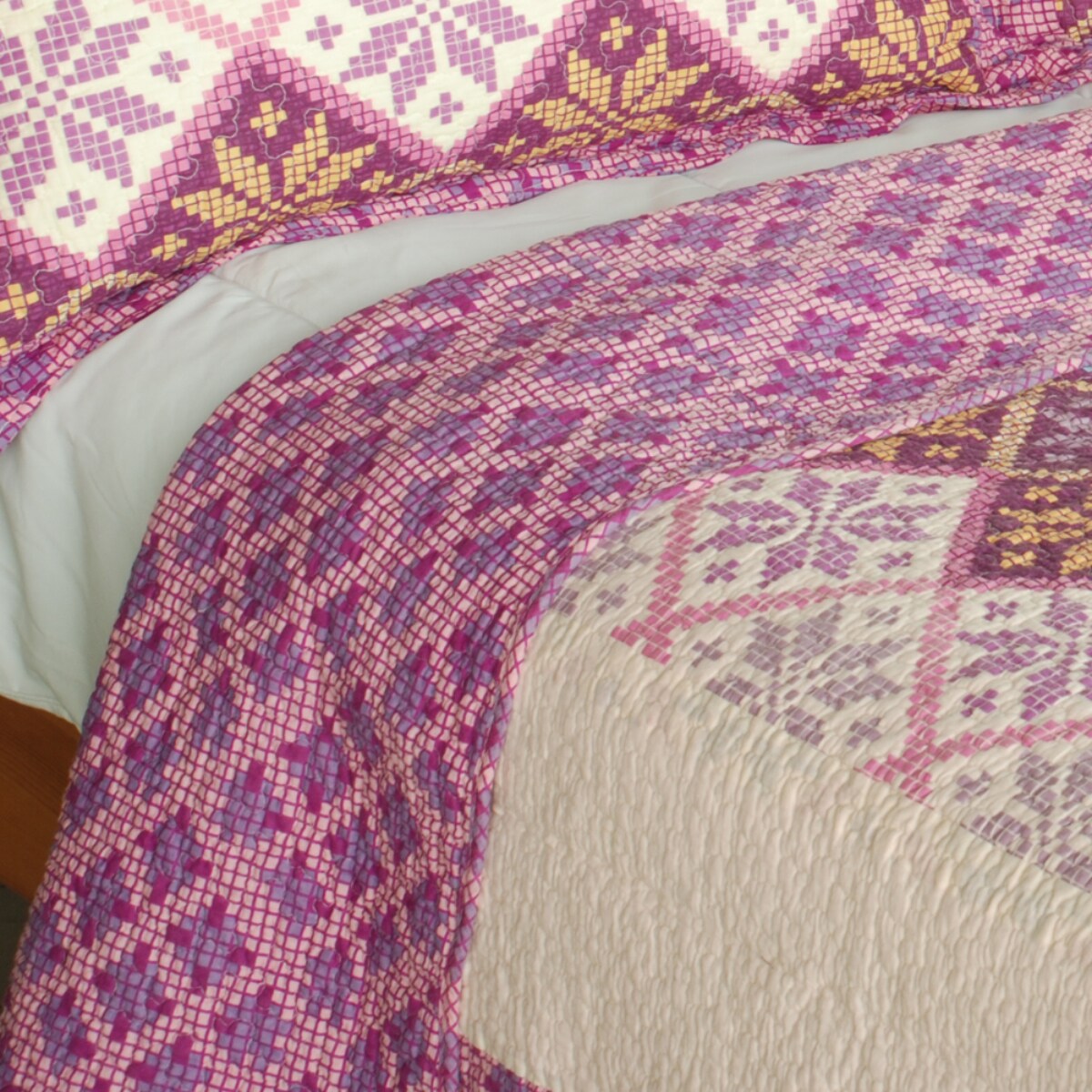 Full/Queen Cotton Quilt Set 3-Piece Geometric Vermicelli Quilted