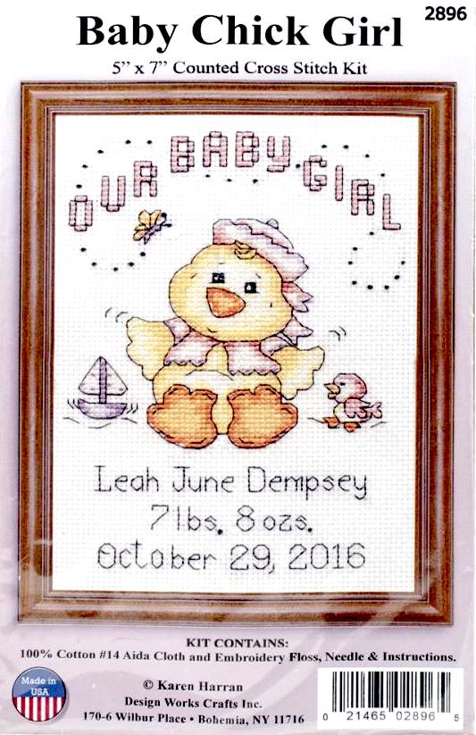 DIY Design Works Baby Chick Girl Birth Record Counted Cross Stitch Kit 5x7