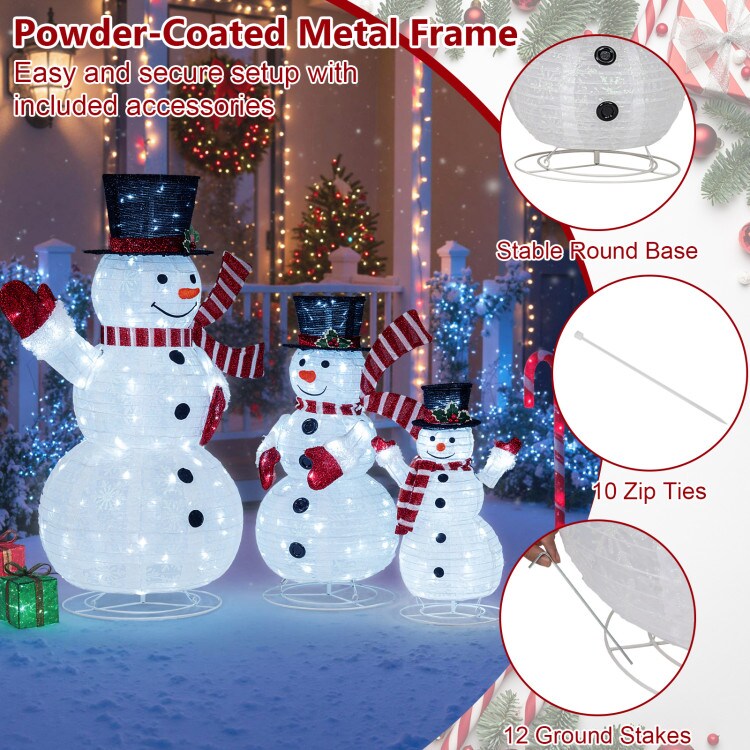 3-Piece Pre-Lit 3D Snowman Set with 270 LED Lights for Christmas Decor