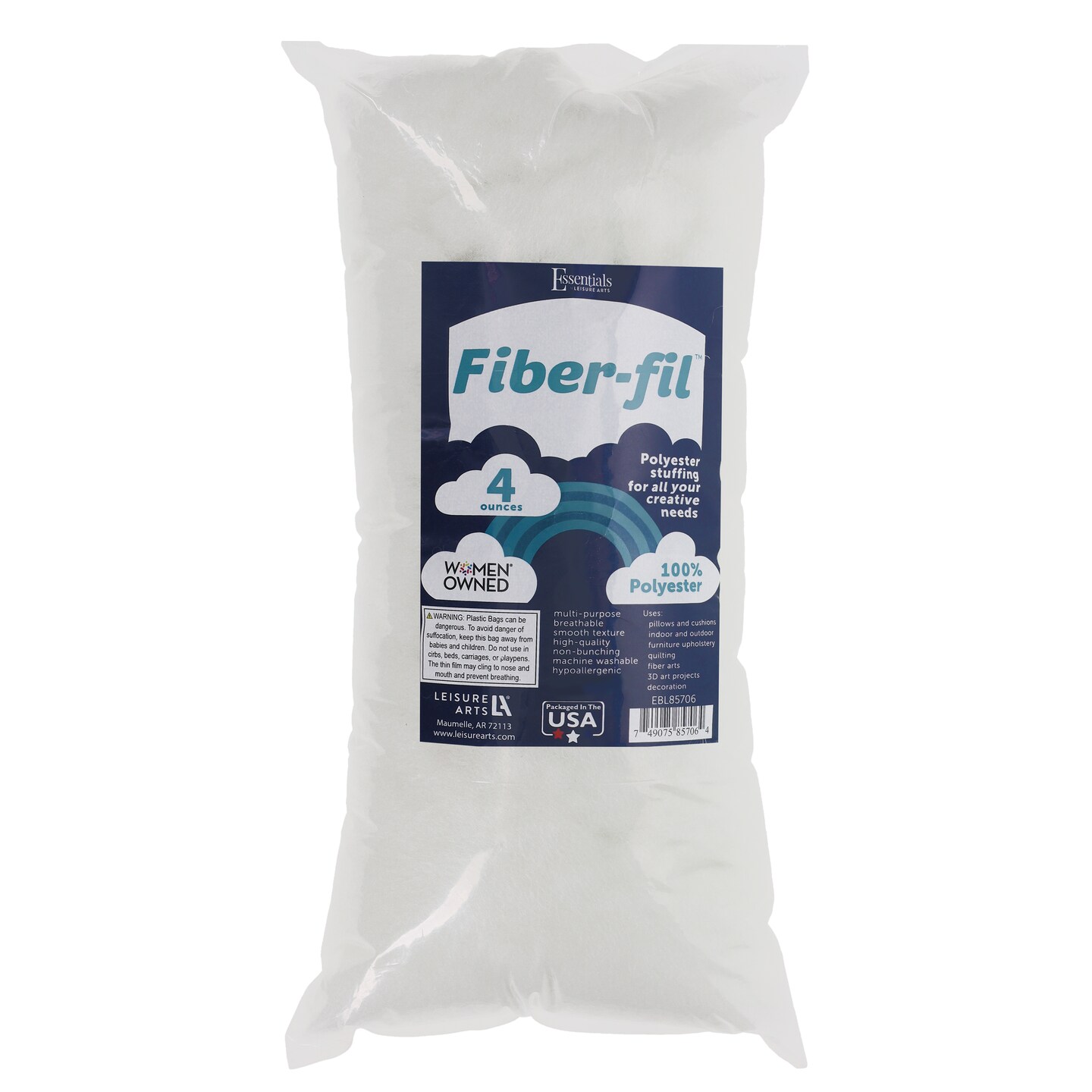 Essentials By Leisure Arts Polyester Fiber-Fil, Premium Fiber-Fil Stuffing, 4Oz Bag, High Resilience Polyfill For Filling Stuffed Animals, Crafts, Pillow Stuffing, Cushion Stuffing