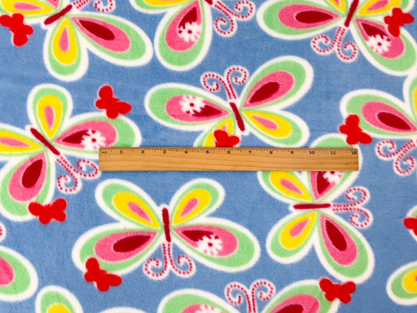 Blue-Green-Multi Polyester Butterfly Printed Polar Fleece Knit Fabric By the Yard