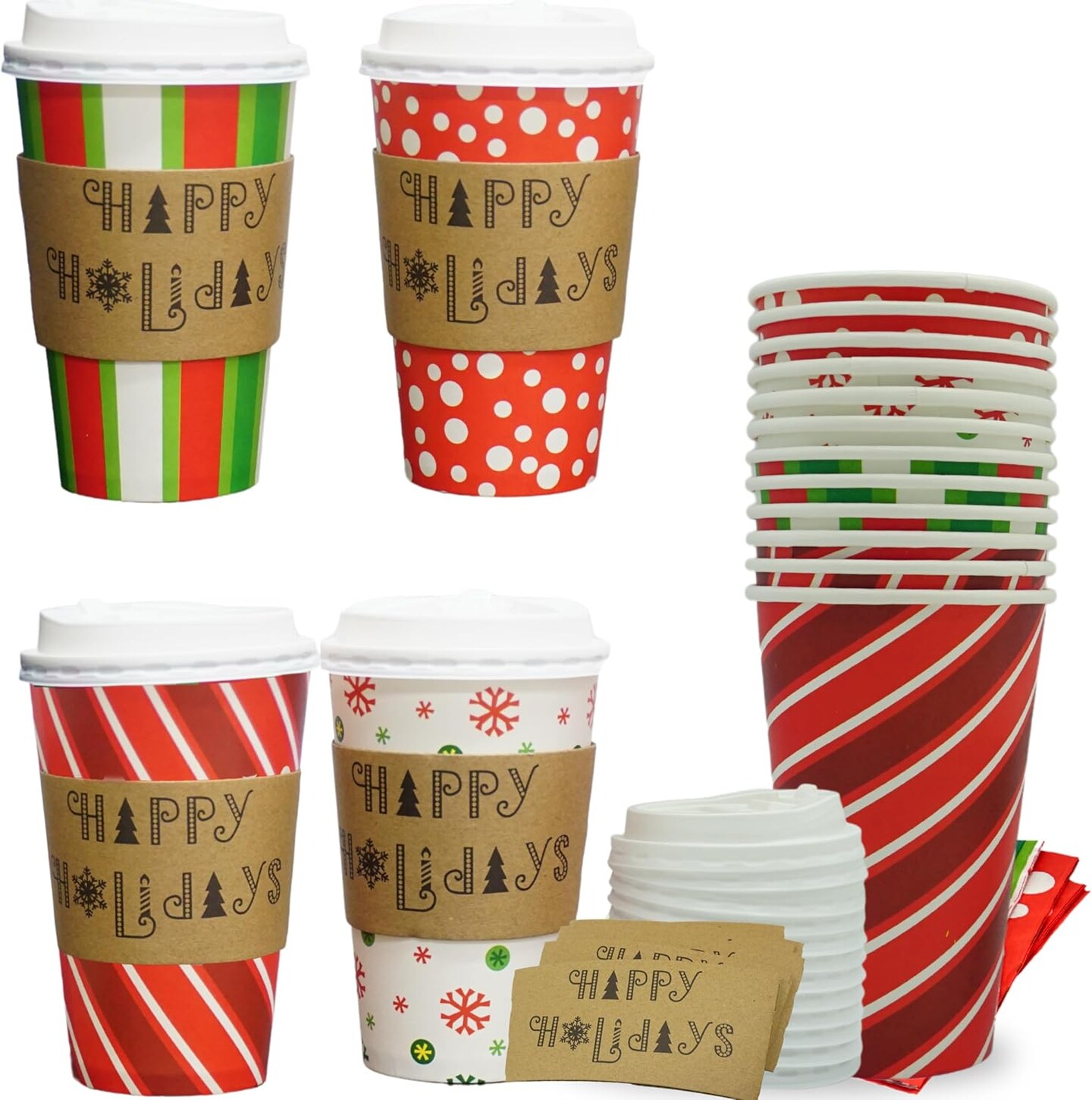 4E's Novelty 12-Pack Christmas Paper Cups with Lids, Sleeves & Napkins, 16 oz Holiday Drink Set