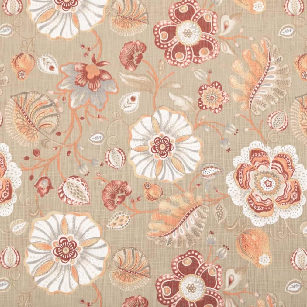 Coral Red Floral Linen Look Print Upholstery Fabric by The Yard - SKU ...