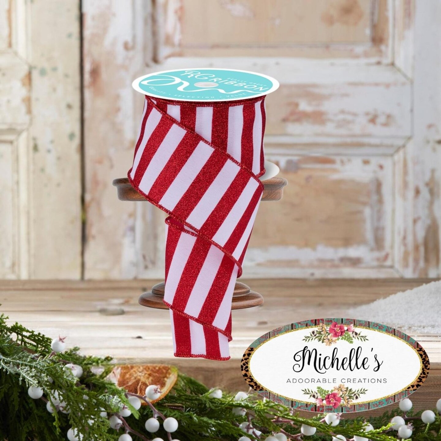 2.5" Horizontal Glitter Stripes Ribbon: Red & White (10 Yards)