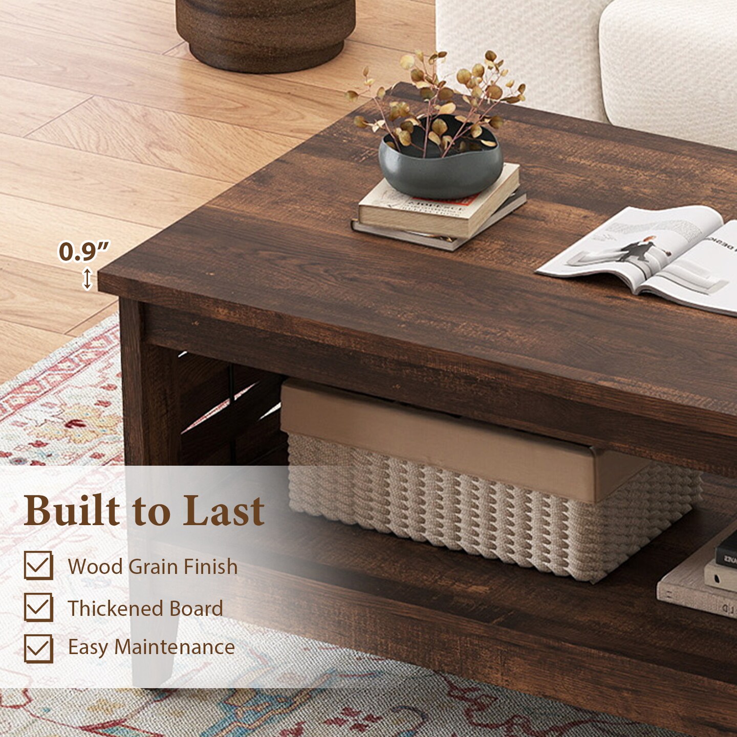 2-Tier Coffee Table with Open Storage Shelf and Woven Decor for Living Room