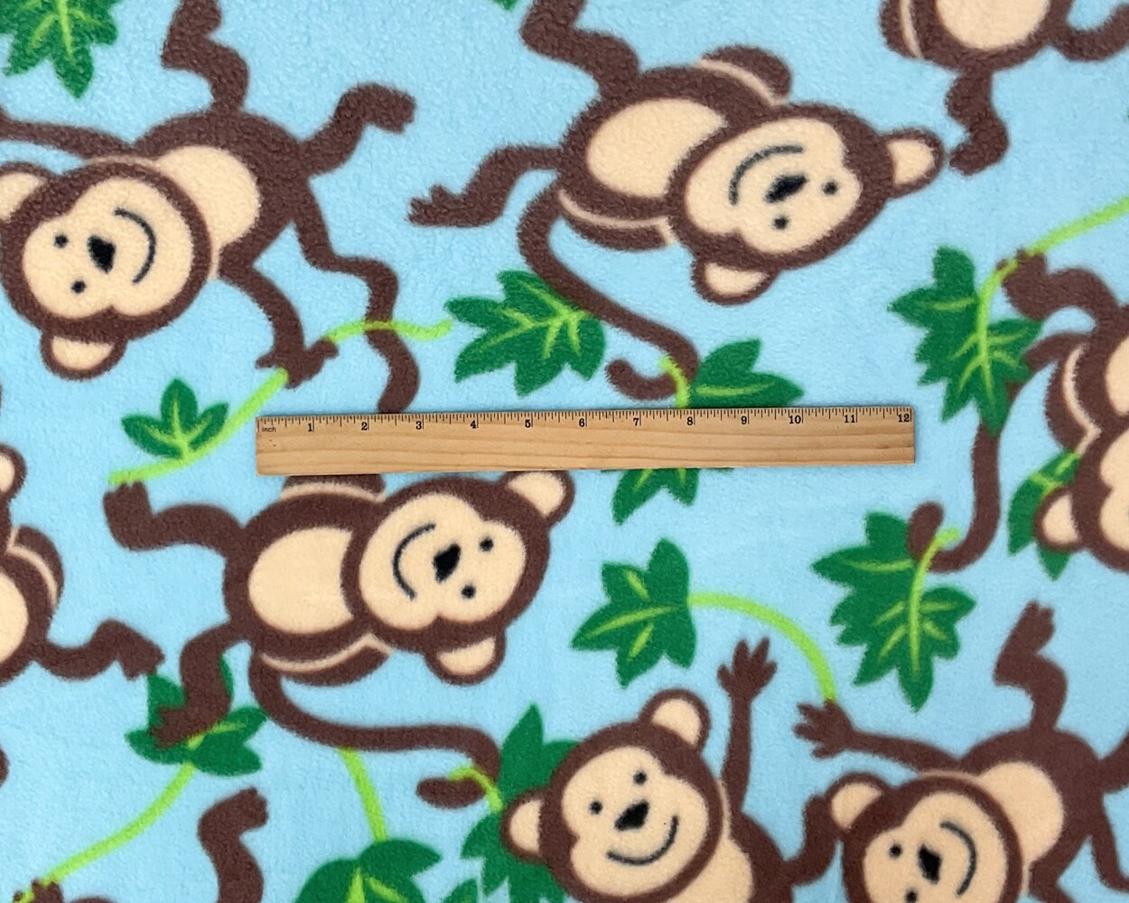 Blue-Brown-Multi Polyester Monkey Printed Polar Fleece Knit Fabric By the Yard