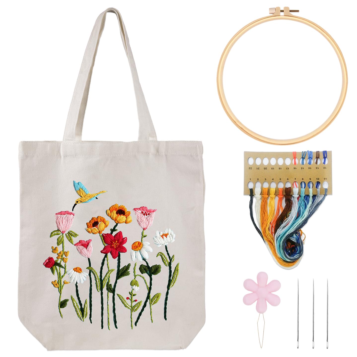 Embroidery Kit Canvas Tote Bag for Beginners,Cross Stitch Kits for Adults,DIY Crafts Needlepoint Include Hummingbird Floral Pattern,Women Shopping Reusable Grocery Bags