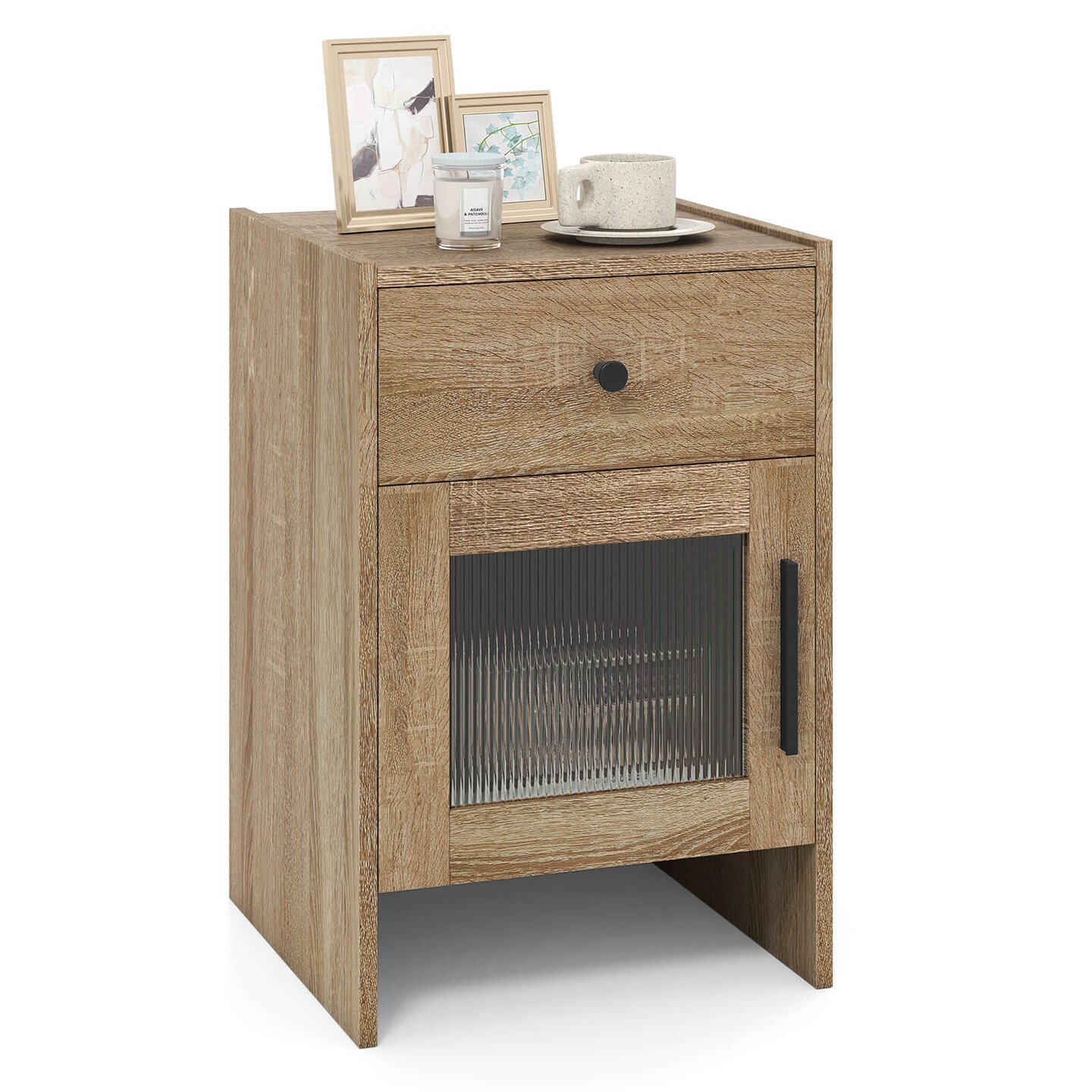 Costway 1/2 PCS Farmhouse Nightstand Fluted Bed Side Table with Large Drawer & Enclosed Cabinet