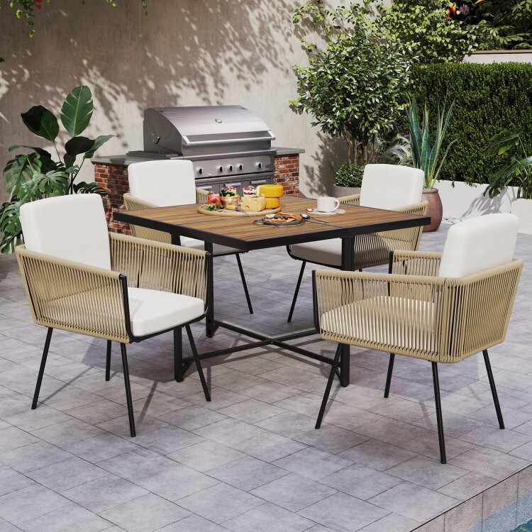 Outdoor PE Rattan Dining Chairs with Cushions Light Brown Wicker Patio Chairs with Metal Frame