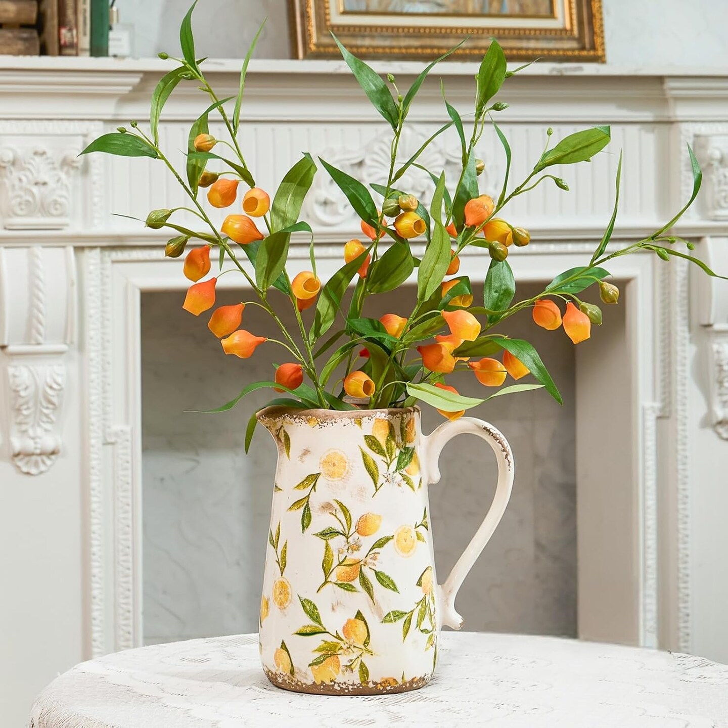 Vintage 9" Lemon Ceramic Vase with Handle, Retro Ice-Glazed Crackle Farmhouse Pitcher for Home Décor, Living Room, Shelf, Office, and Rustic Table Centerpiece