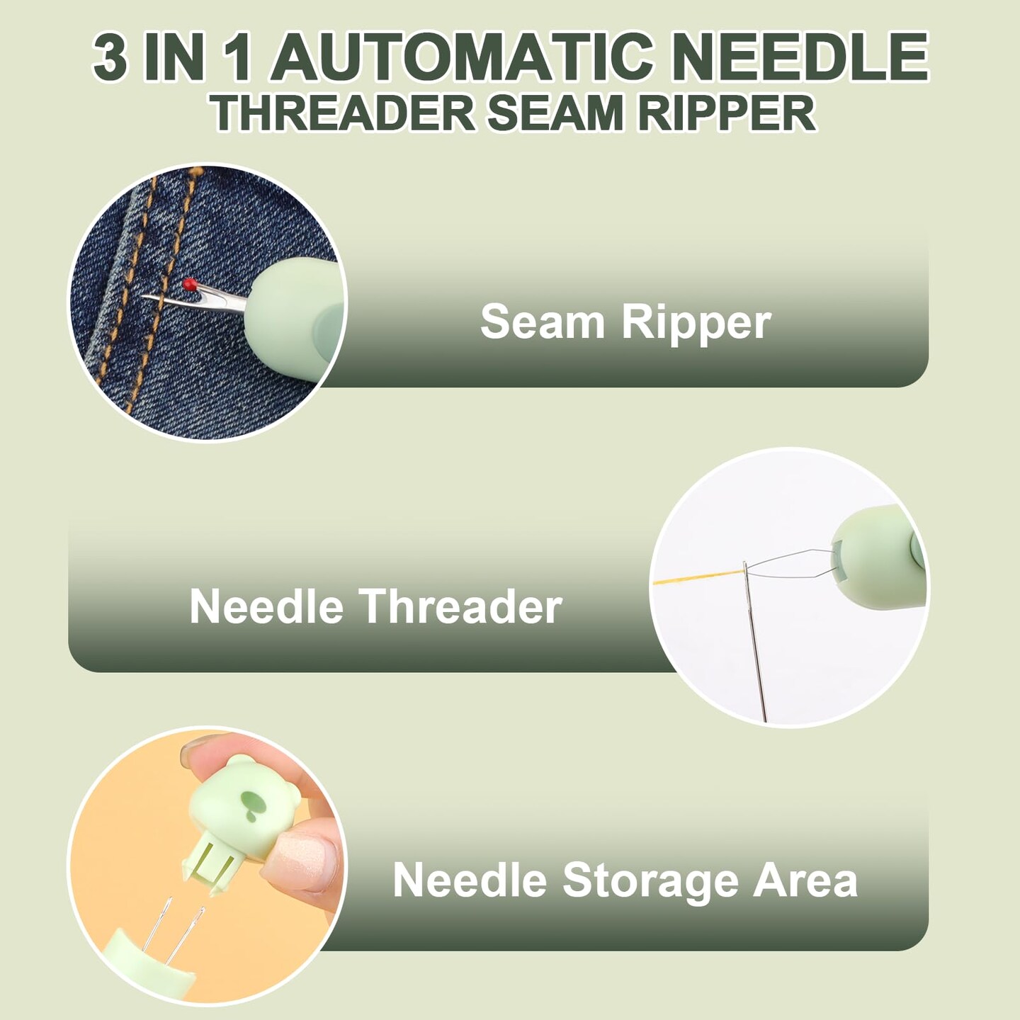 Automatic Needle Threaders Seam Ripper, Upgraded 3 in 1 Sewing Needle Threader Tool, Stretchable Quick Seam Rippers with Needle Storage for Hand Quilling, Embroidery Stitch Removal(Green)