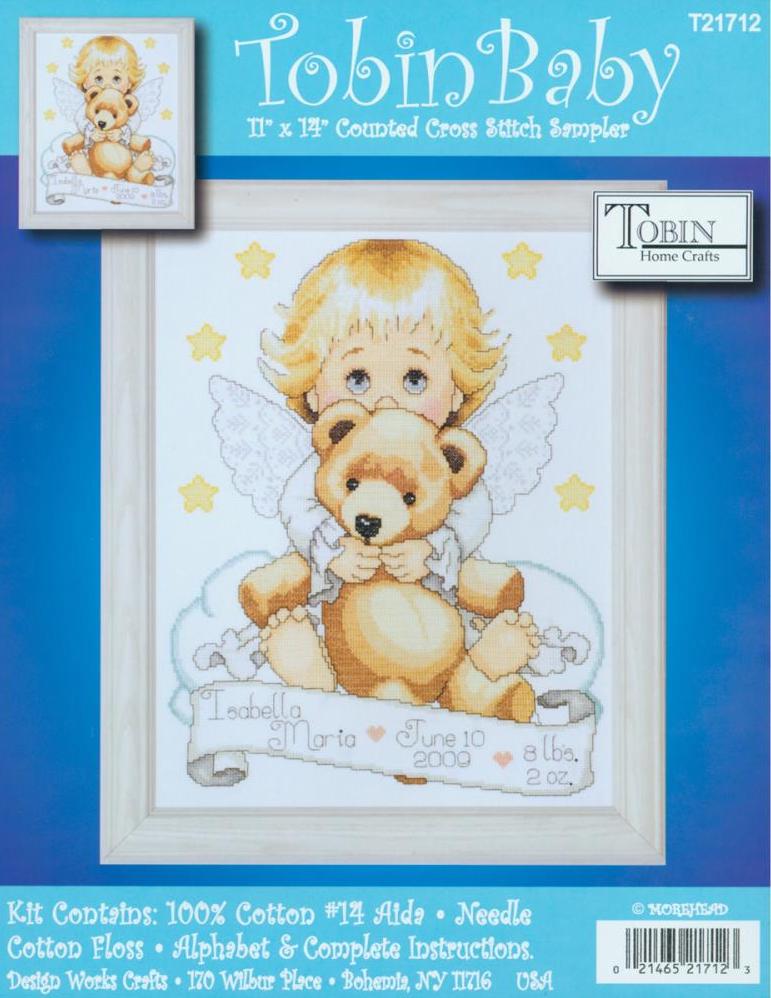 DIY Tobin Angel with Bear Baby Birth Record Gift Counted Cross Stitch Kit 11x14