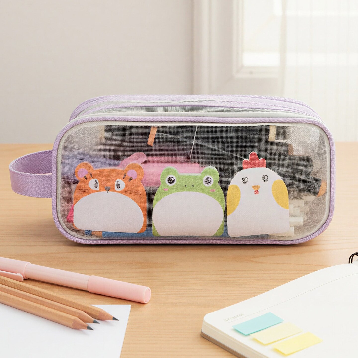 Wrapables 2 Compartment Large Grid Transparent Mesh Pencil Case, Pencil Pouch for Stationery Tools, Makeup, and Travel, Purple