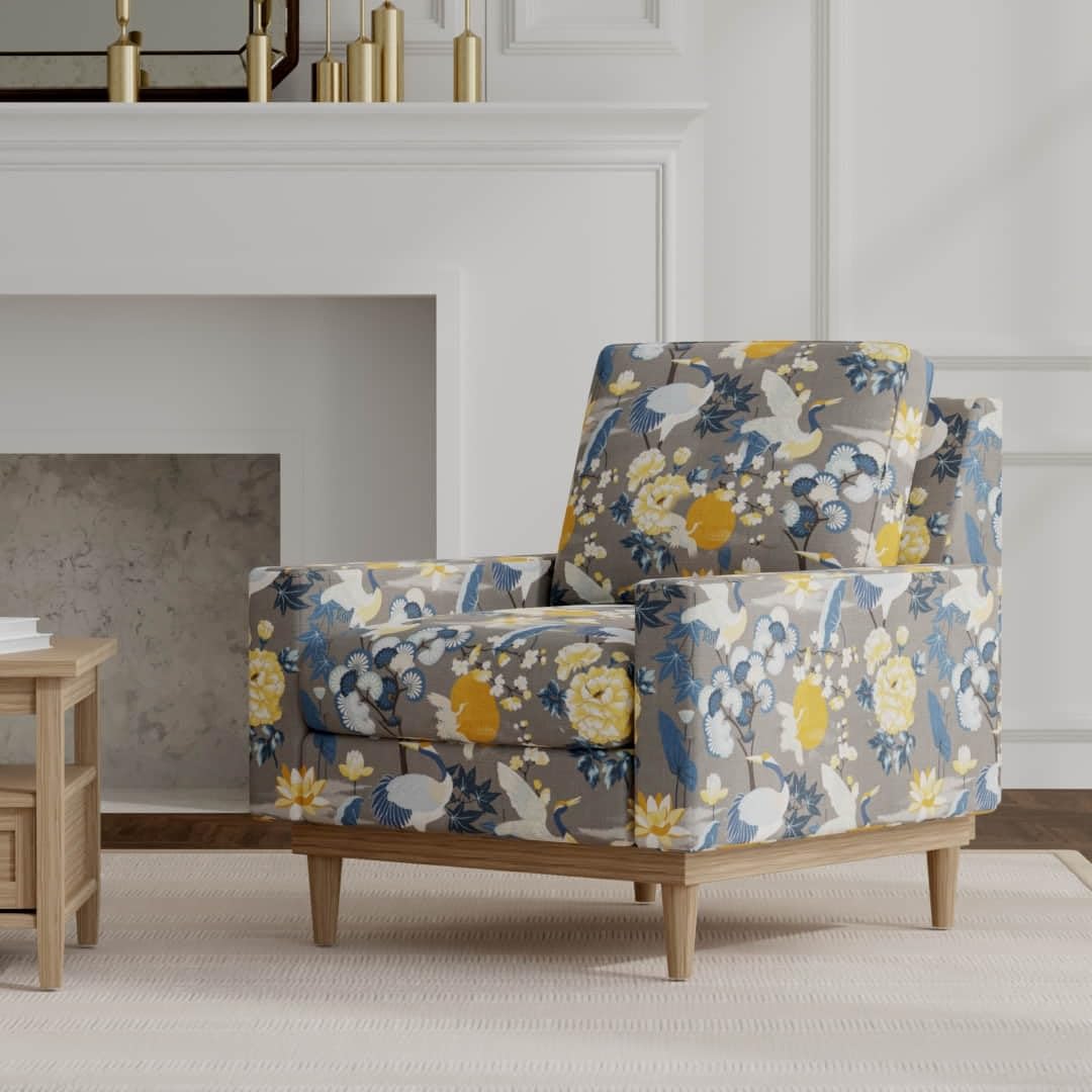 Blue Stain Resistant Performance Floral Novelty Botanical Print Upholstery Fabric by The Yard - SKU: Chopin Stone