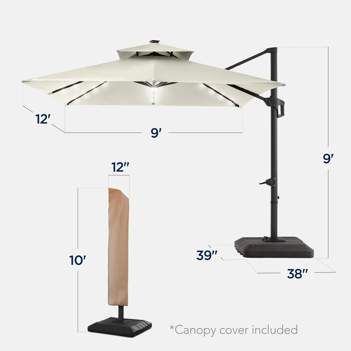 Best Choice Products 9x12ft 2-Tier Square Outdoor Solar LED Cantilever Umbrella w/ 360-Rotating Base –