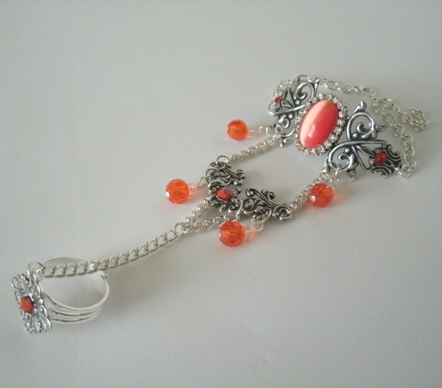Orange Hand Chain Slave Bracelet Silver Flapper Showgirl Art Deco