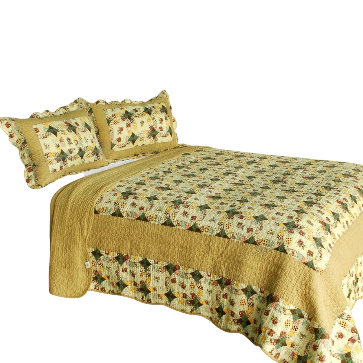 Full/Queen Size 3PC Quilt Set, Cotton Geometric Patchwork, Vermicelli Quilted, Reversible