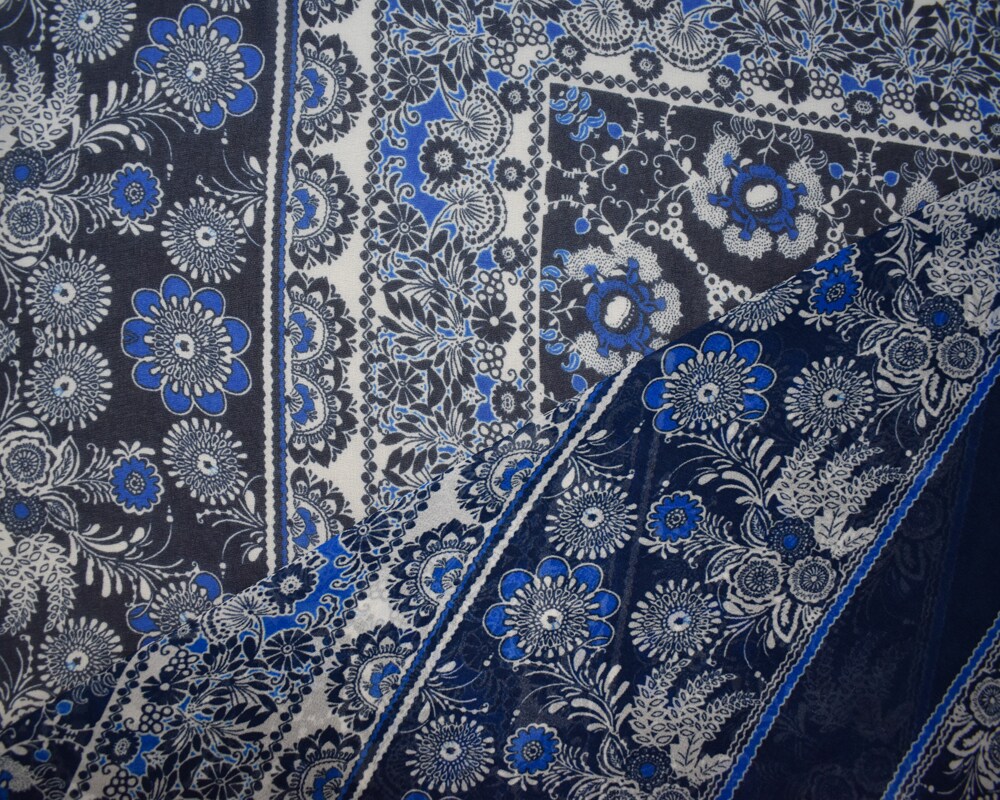 Blue-White Floral Moroccan Bandana PANEL Printed Chiffon Woven Fabric