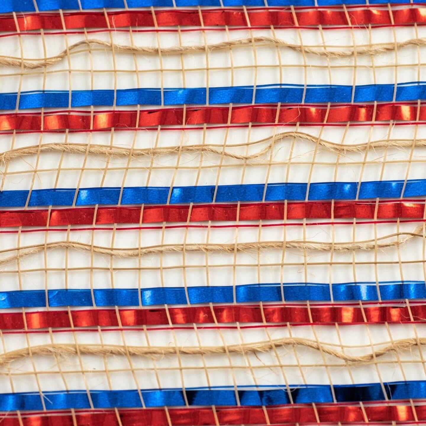 10" All Foil Thin Stripes Mesh Ribbon: Red, Natural, Blue (10 Yards)