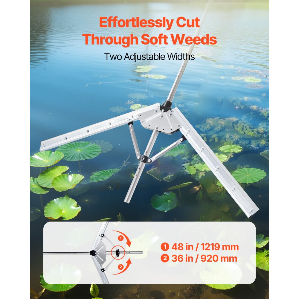 Silver Adjustable Aquatic Weed Rake Stainless Steel 36-48in Cutting Width with 30ft Rope for Ponds