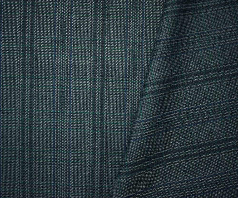 Green-Blue-Multi Wool-Poly Japanese Plaid Woven Suiting Fabric By the Yard