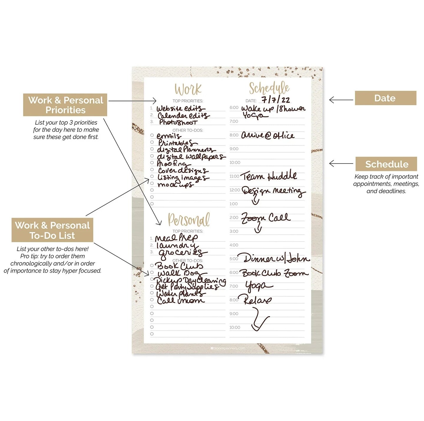 bloom daily planners Planning Pad, 6" x 9", Timed Work & Personal To-Do List, Brushed Beige
