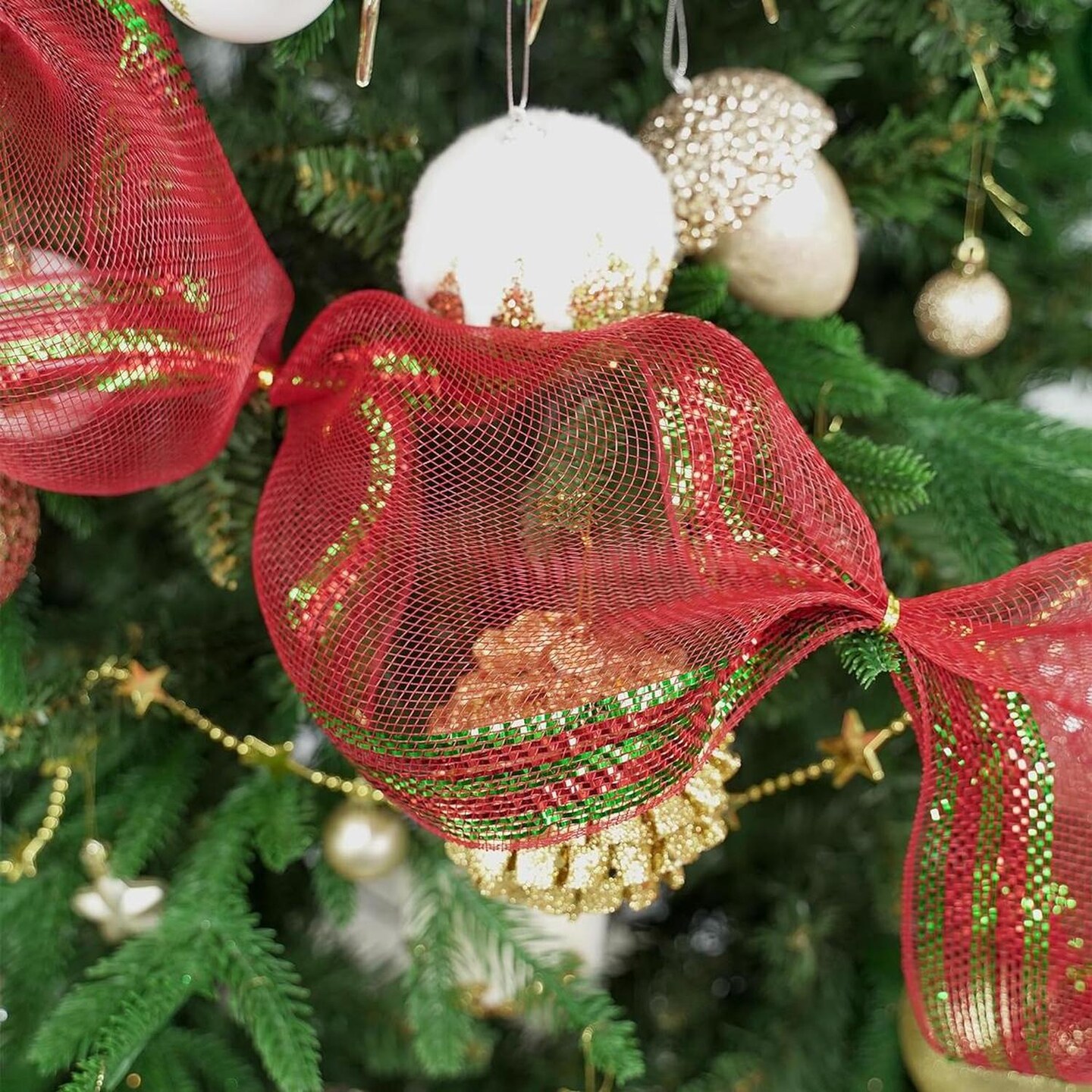 10" Border Stripe Metallic Mesh Ribbon: Red/Lime Green (10 Yards)