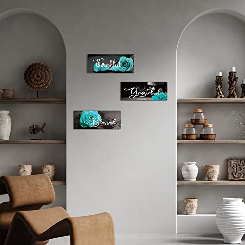 3 Pieces Rose Wooden Wall Decor Thankful Grateful Blessed Wooden Signs Inspirational Wall Art Signs Wedding Wall Decor for Room Kitchen Bathroom (Teal,16 x 6 Inch)