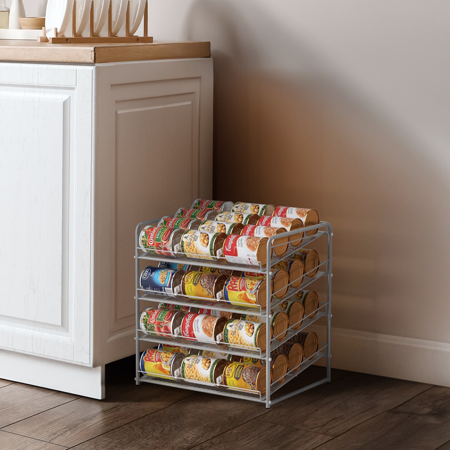 Can Rack Organizer 4-Tier Metal Can Rack Organizer Holds Up to 48 Cans, Can Dispenser for Pantry, Kitchen, Cabinets and Countertops