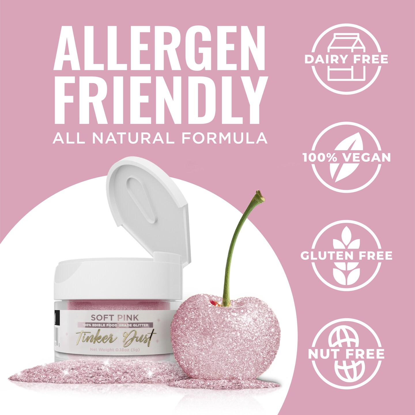 Bakell - Soft Pink Tinker Dust (5g, 1x Flip Cap Jar) Edible Glitter for Food, Desserts, and Beverages!