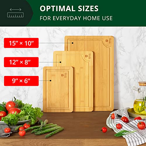 3 Pieces Cutting Boards for Kitchen - Bamboo Cutting Board, Cutting Boards with Juice Grooves, Serving Board Set, Thick Chopping Board for Meat, Veggies, Easy Grip Handle