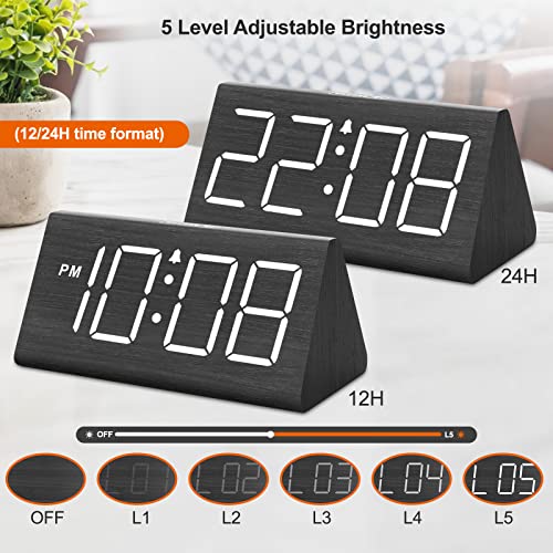 Wooden Digital Alarm Clocks for Bedrooms - Electric Desk Clock with Large Numbers, USB Port, Battery Backup Alarm, Adjustable Volume, Dimmer, Snooze, DST, 12/24H, Wood Décor (Black)