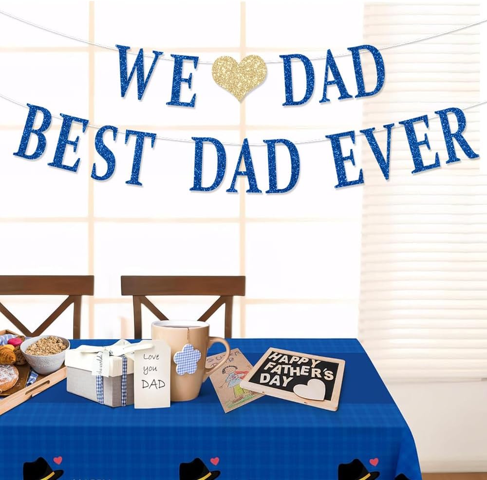Happy Father’s Day Glitter Banner Decorations – Blue “We Love Dad” & “Best Dad Ever” Cardstock Garland Banner with Gold Heart, Party Supplies for Home Celebration & Photo Background (3m / 9.8ft)