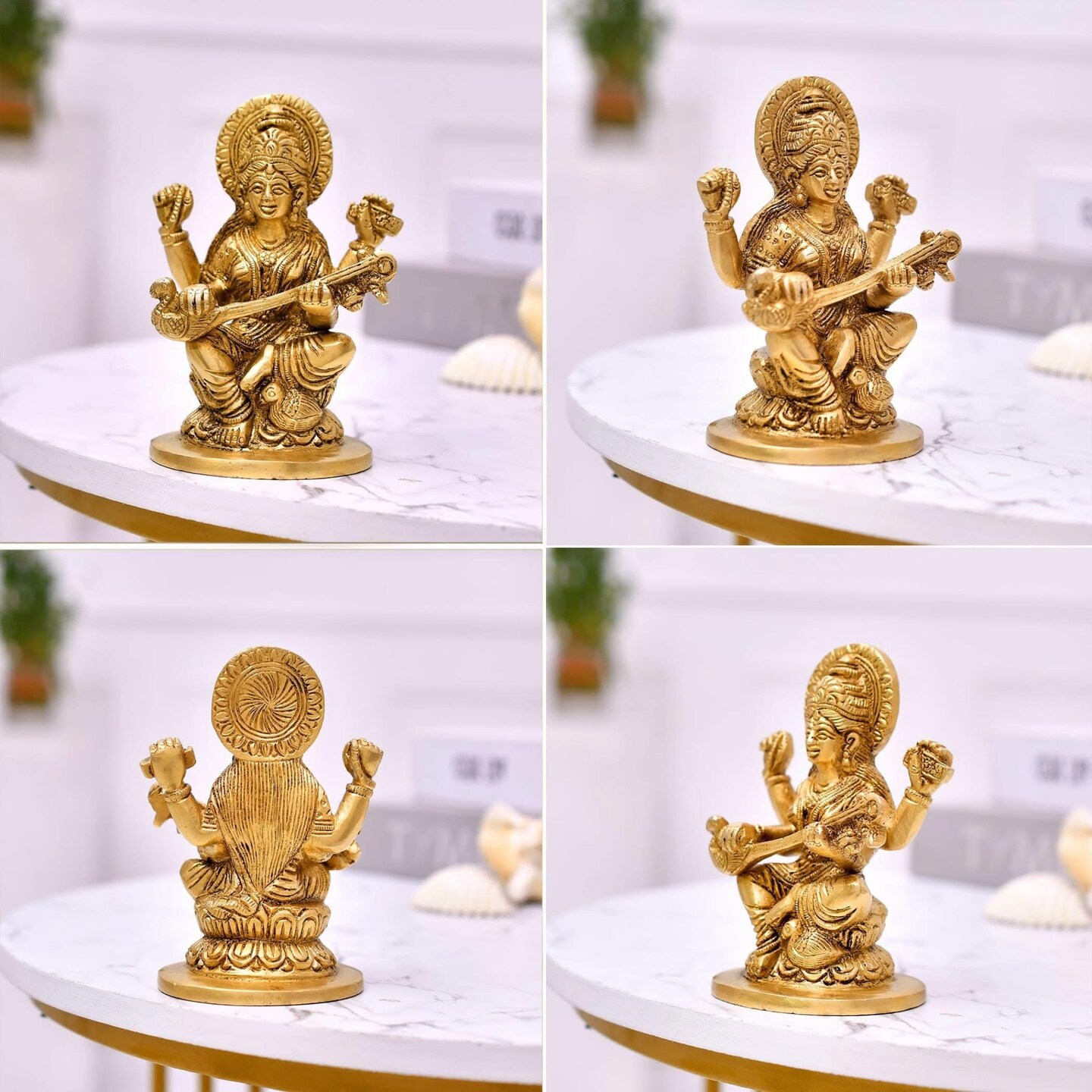 Brass Saraswati Statue Hindu Goddess of Knowledge Religious Beautiful Sitting on Lotus Saraswati Idol Sculpture for Basant Panchmi Home Temple Mandir Decor - Teacher’s Day Gift