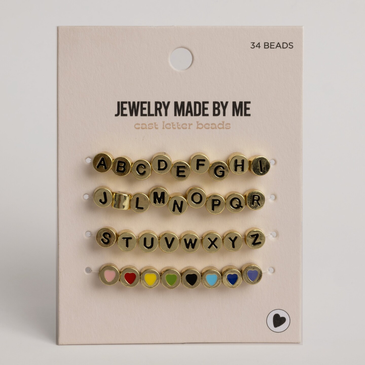 Gold Tone & Enamel Round Cast Letter & Multicolor Heart Beads set of 34