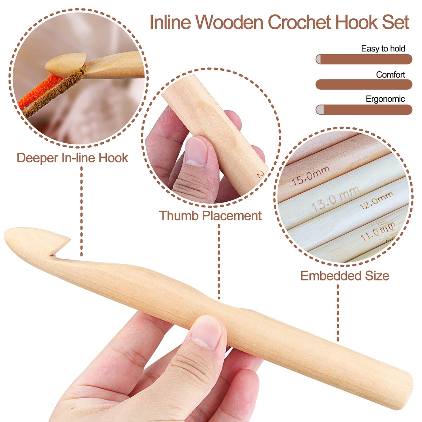 Large Wooden Crochet Hooks Ergonomic Crochet Hook Set 10-25 mm, 7PCS Inline Crochet Hooks Bamboo Crochet Kit for Beginner, Giant Wood Crochet Needles for Crocheting Chunky Yarn, Rugs, Blankets