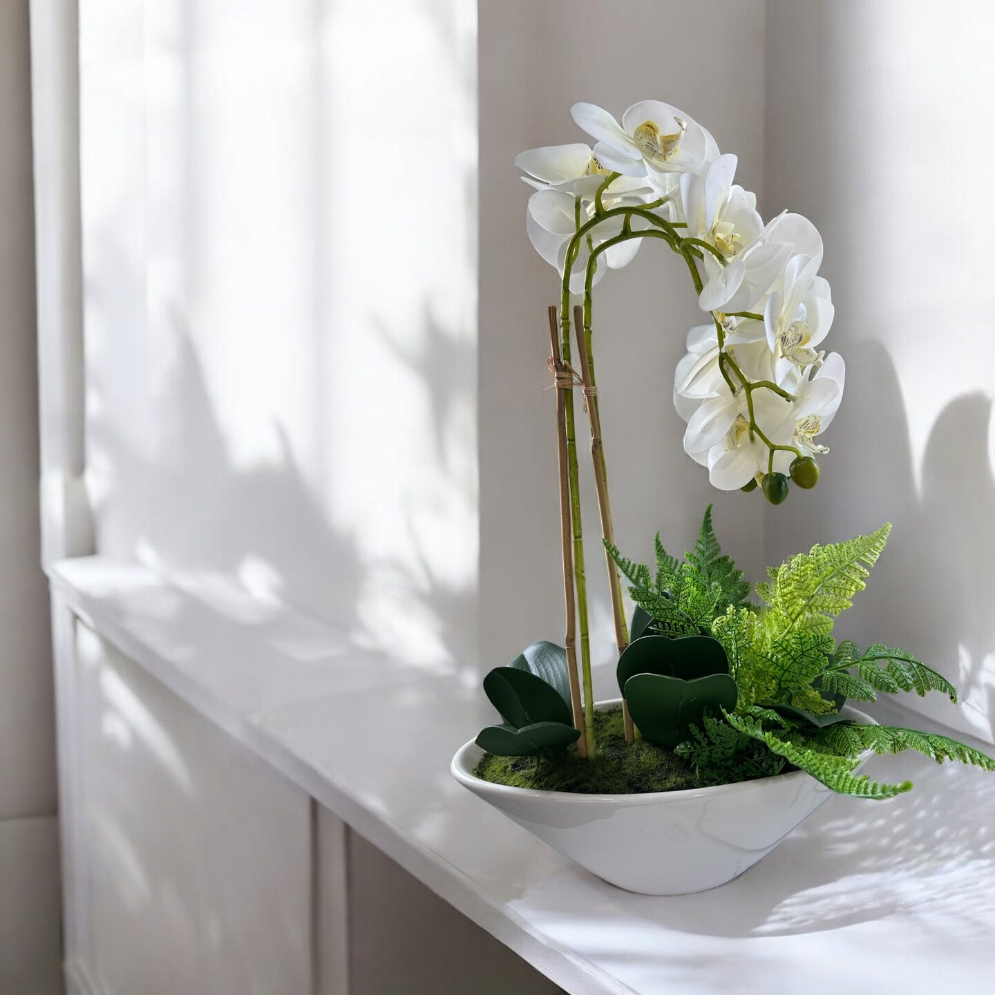 20&#x22; Artificial Phalaenopsis Orchid Arrangement | Faux White Orchid in Ceramic Bowl