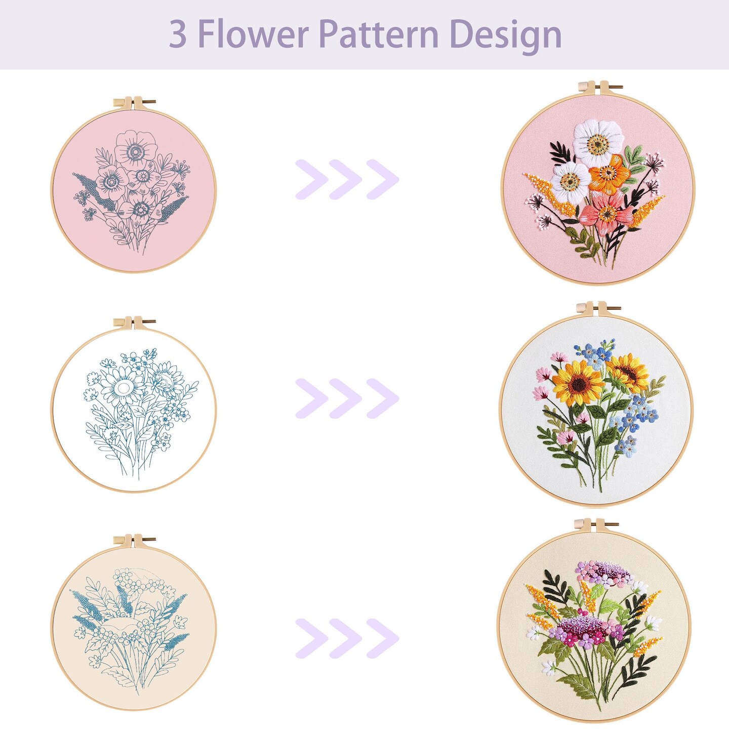 3 PCS Embroidery Kit for Beginners - Cross Stitch DIY Craft Set, Flower Embroidery Accessories &#x26; Hoop Included, Hand Embroidery Kit for Adults Stitching Sewing Kit Gift | FlowerB Patterns