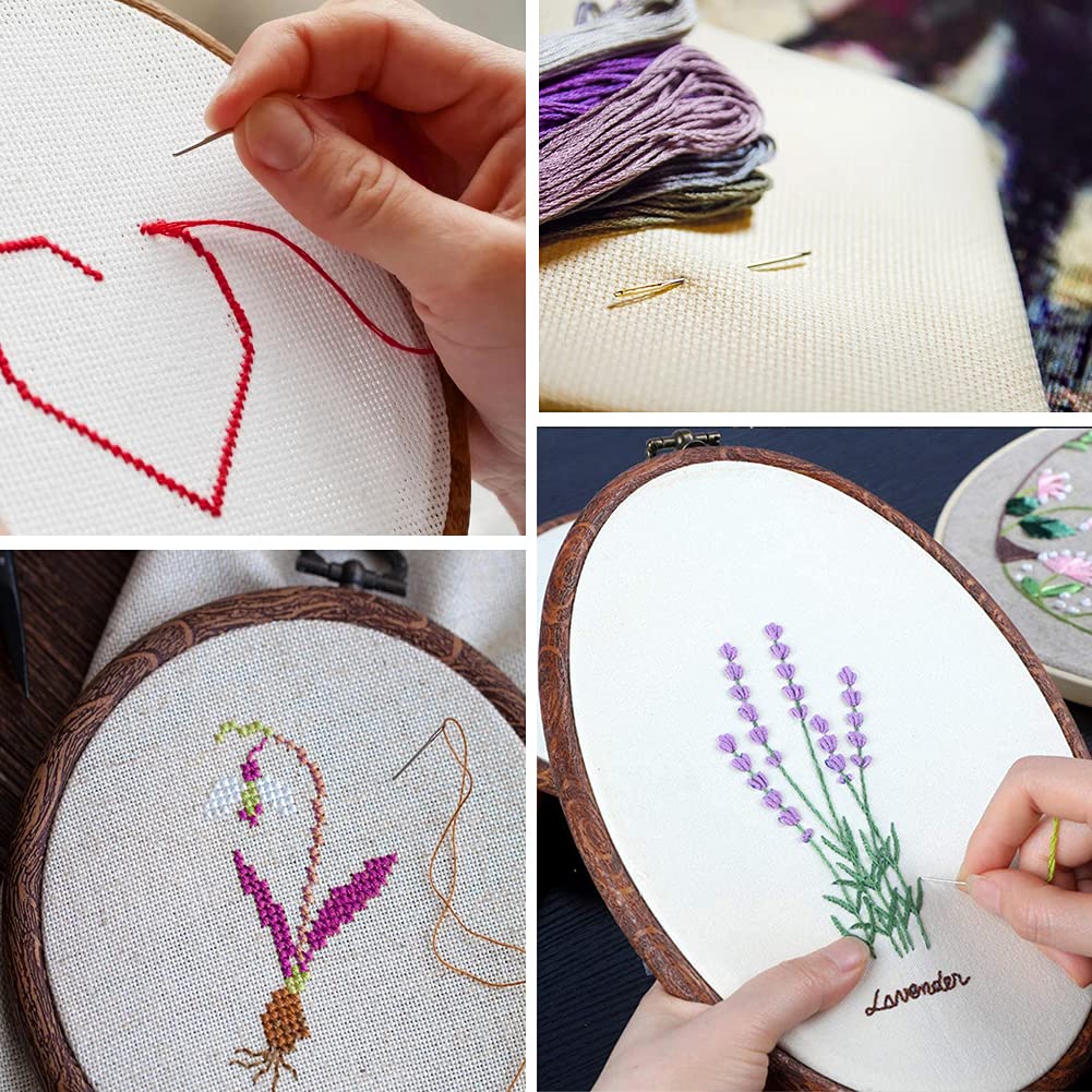 Jupean Embroidery Hoop, 4 Pack Oval Embroidery Hoop, Imitated Wood Display Frame with 30 Pieces Embroidery Needles, Embroidery Frame and Cross Stitch Hoop for Art Craft Sewing and Wall Hanging