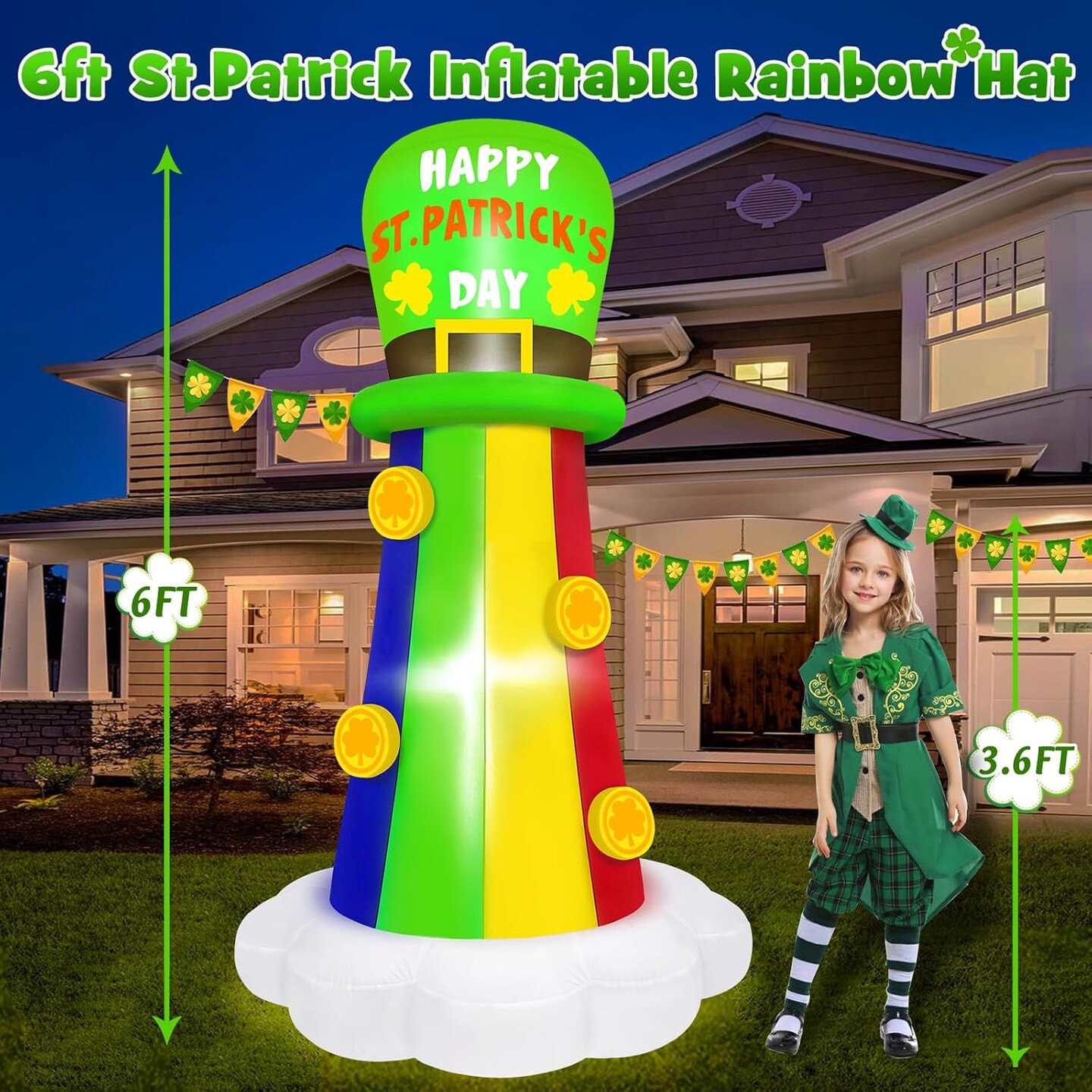 6FT St. Patrick's Day Inflatable Outdoor Decorations Blow Up Rainbow with Hat Yard Decorations Built-in LED Light Inflatable St Patricks Shamrock for Garden, Lawn, Holiday, Party Decor