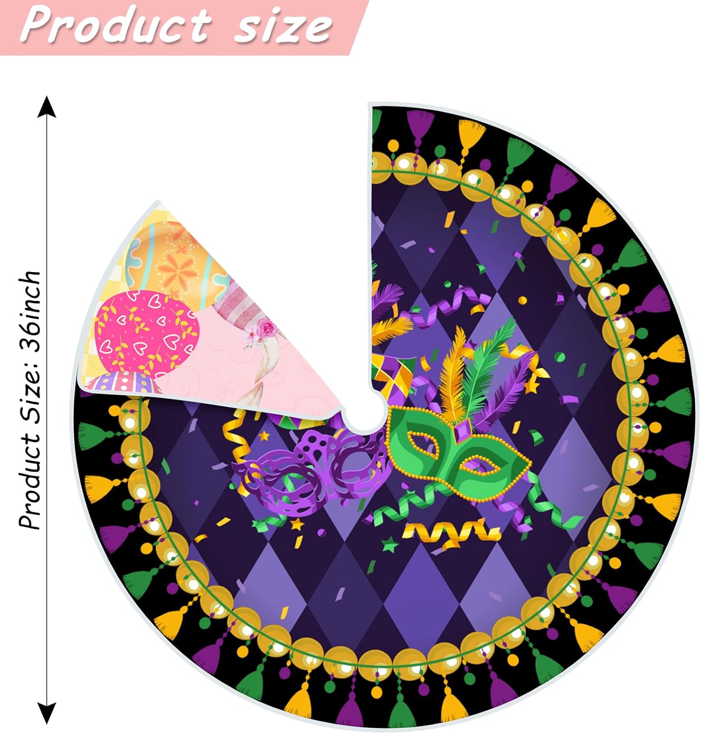 36 Inch Mardi Gras Tree Skirt Carnival Tree Skirt Easter Tree Skirt Double Sided Mat with Masquerade Mask Feather Easter Bunny Eggs Pattern Christmas Tree Skirt for Holiday Decoration (36")