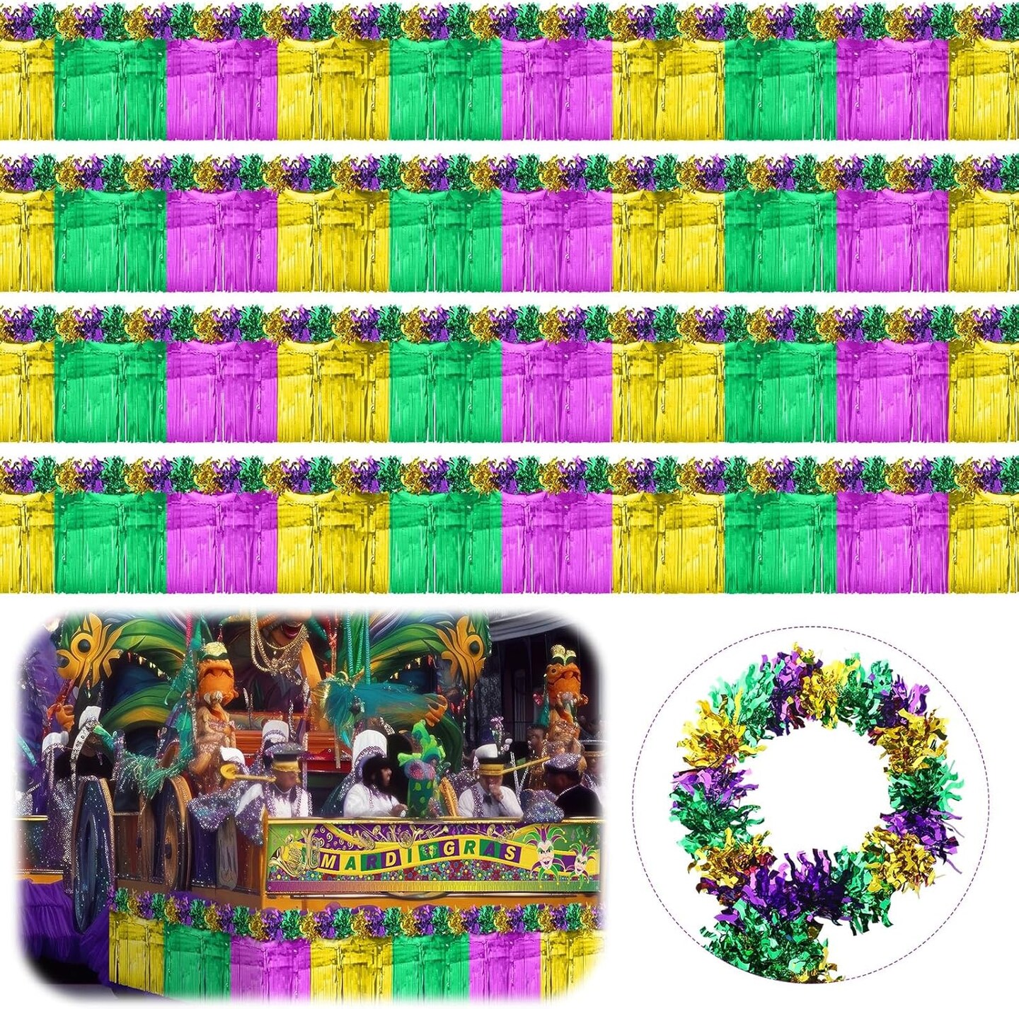 12 Pcs Mardi Gras Wagon Parade Float Decorations Kit Mardi Gras Decor for Trailer Green Gold Carnival Banner Foil Tinsel Garland Golf Cart Decoration for Carnival Party Supplies