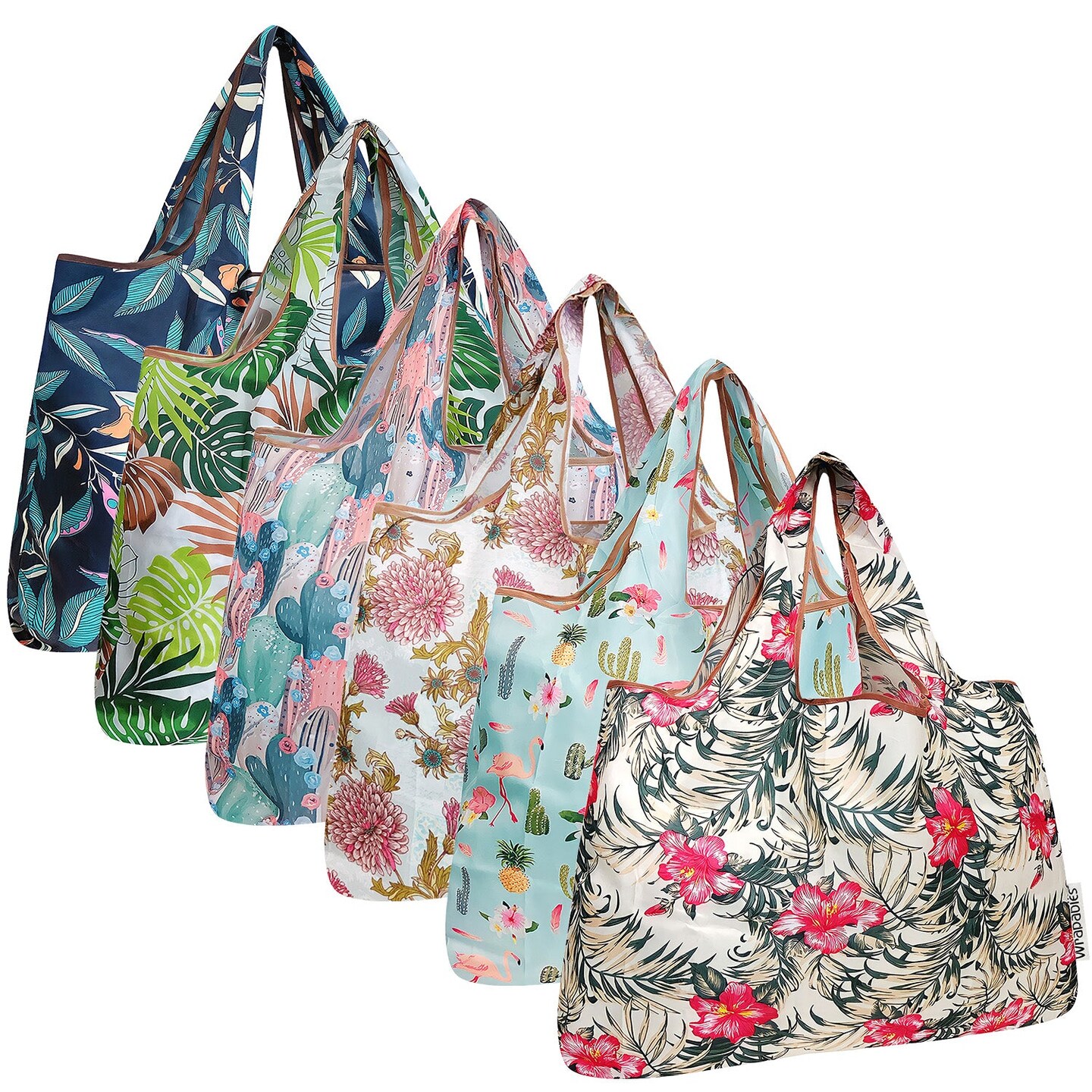 Wrapables Large Foldable Tote Nylon Reusable Grocery Bags, 6 Pack, Tropical Botanical