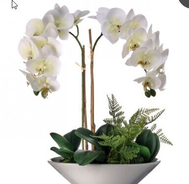 20&#x22; Artificial Phalaenopsis Orchid Arrangement | Faux White Orchid in Ceramic Bowl